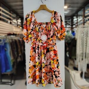 Umgee Floral Mini Dress | Puff Sleeves | Smocked Bodice | Size S | NWT | Vibrant